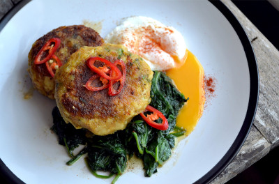 Curried Fish Cakes with Spinach and Poached Egg